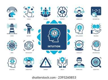 Intuition icon set. Imagination, Vision, Instinct, Psychology, Perception, Foresight, Unconsious, Cognitivity. Duotone color solid icons