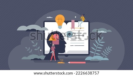 Intuition knowledge and education literature reading tiny person concept. Mind experience growth and personal development boost with book study and mental sense understanding vector illustration.