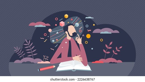 Intuition knowledge and smart mind thinking process tiny person concept. Logic intelligence and brain intellect with knowledge, concentration, imagination and cognition skills vector illustration.