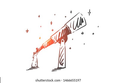 Intuition, leadership, success concept sketch. Arab in niqab standing and looking at sky through telescope. Hand drawn isolated vector illustration