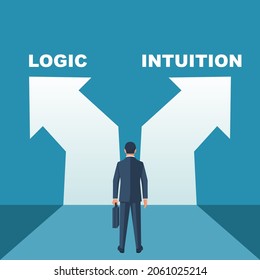 Intuition or logic. Choice way concept. Decision business metaphor. Vector flat style design. Isolated on background. Businessman before choosing. Crossroads arrows. Decide direction. 