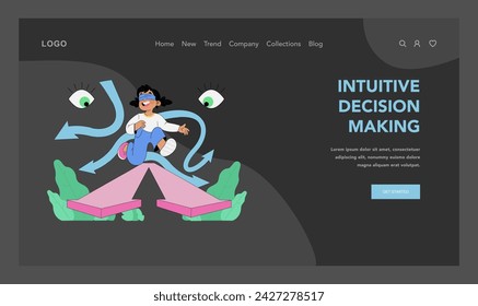 Intuitive decision making concept. Joyful little girl with blindfold rides arrows of instinct amidst abstract eyes. Making choices based on gut feeling and intuition. Flat vector illustration