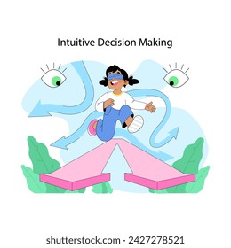 Intuitive decision making concept. Joyful little girl with blindfold rides arrows of instinct amidst abstract eyes. Making choices based on gut feeling and intuition. Flat vector illustration