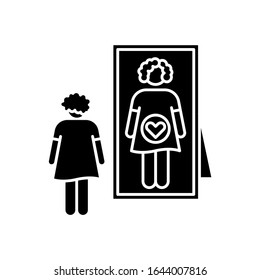 Intuitive feeling black glyph icon. Early sign of pregnancy. Woman awaiting for baby. Lady looking in mirror. Anticipation to give birth. Silhouette symbol on white space. Vector isolated illustration