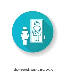 Intuitive feeling blue flat design long shadow glyph icon. Early sign of pregnancy. Woman awaiting for baby. Expectant adult. Lady looking in mirror. Silhouette RGB color illustration