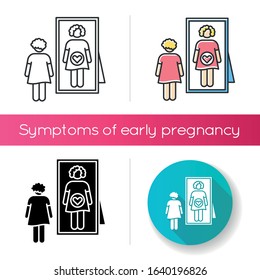 Intuitive feeling icon. Early sign of pregnancy. Woman awaiting for baby. Lady looking in mirror. Anticipation to give birth. Linear black and RGB color styles. Isolated vector illustrations