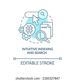 Intuitive indexing and search turquoise concept icon. Content management feature abstract idea thin line illustration. Isolated outline drawing. Editable stroke. Arial, Myriad Pro-Bold fonts used