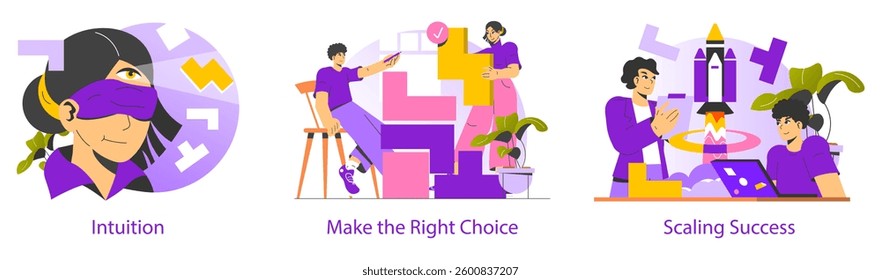 Intuitive operation illustrated through three scenes reflecting decision-making processes. Empowerment comes from trusting instincts, engaging creativity, and scaling successful ventures collectively