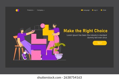 Intuitive operation illustration showcasing two individuals collaboratively assembling colorful blocks. This scene represents teamwork, decision-making, and an engaging user experience. Vector