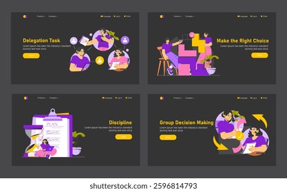 Intuitive Operation set. Graphic illustrating a collection of operational tasks including delegation, decision-making, discipline, and more. Focus on teamwork and effective communication in a