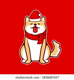 Inu Shiba Dog Tongue Out Sitting With Christmas Costume, Wearing Santa Claus Hat, Muffler, For Christmas Day and New Year Vector Illustration - Vector