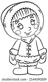 Inuit boy. Element for coloring page. Cartoon style.