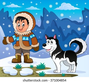 Inuit boy with Husky dog - eps10 vector illustration.