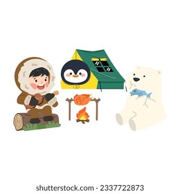 Inuit Camping with penguin and polar bear