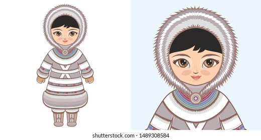 Inuit and Chukchi in the national costume. Chukchi, Eskimo, Inuit gerl character in traditional costume. Eskimos, greenland, inuit, igloo, chukotka, chukchi, primordial, parka, north pole, Canada set
