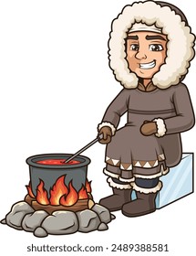 Inuit Kochen auf Feuer Vektorillustration