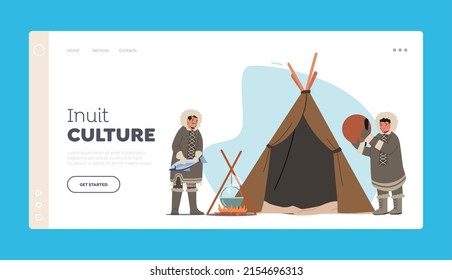 Inuit Culture Landing Page Template. Eskimo Characters on Alaska, Chukchi Northern Pole, Iceland Indigenous Minorities People, Shaman with Tambourine, Inuit Cooking Fish. Cartoon Vector Illustration