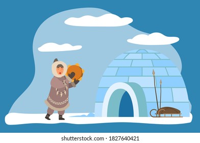 Inuit Or Eskimos Playing Musical Instrument By Igloo Ice House. Personage Wearing Warm Traditional Clothes. Character By Dwelling With Sleds And Weapon Or Fishing Tools. Vector In Flat Style