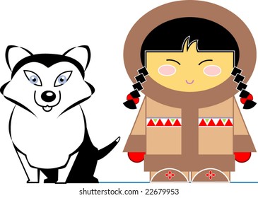 Inuit little girl with her husky