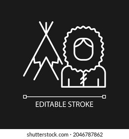 Inuit population white linear icon for dark theme. Indigenous peoples of Canada. Thin line customizable illustration. Isolated vector contour symbol for night mode. Editable stroke