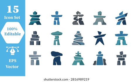 Inukshuk stone landmark icon set with inukshuk landmark monument sculpture