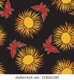 Inula flower seamless vector pattern background. Perennial cottage garden flowers yellow red black backdrop. Giant Fleabane painterly scattered design. Maximalist cottagecore for summer, fall