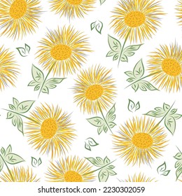 Inula flower seamless vector pattern background. Perennial cottage garden flowers yellow green backdrop. Giant Fleabane painterly geometric design. Maximalist cottagecore for summer, packaging
