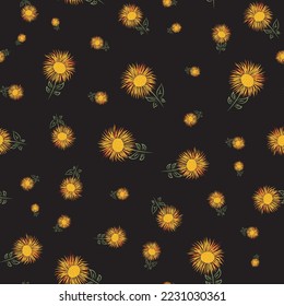 Inula flower seamless vector pattern background. Perennial cottage garden flowers yellow black backdrop. Giant Fleabane painterly scattered design. Maximalist cottagecore for fall, packaging, gift