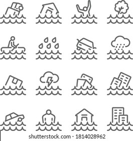 Inundation icon illustration vector set. Contains such icon as Rain, Car Drowning, Raining, Building drowned, Sink, Flooding, Sunken ship and more. Expanded Stroke