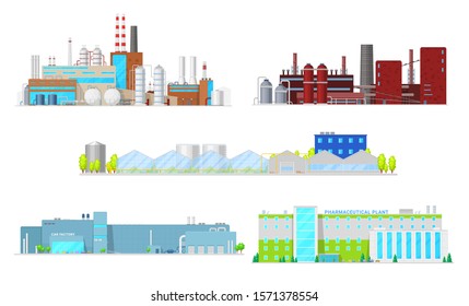 Inustrial Buildings And Factory Facilities. Industrial Plant Vector Icons Of Oil Refinery, Coal Mining, Car Manufacturing And Machine Engineering, Pharmaceutical Industry