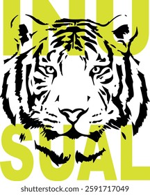 Inusual Tiger design, Simple tiger face vector with spanish text behind that says Unusual 