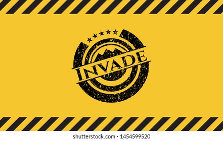 Invade black grunge emblem inside yellow warning sign. Vector Illustration. Detailed.
