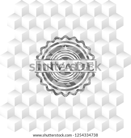 Invade realistic grey emblem with geometric cube white background