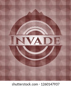 Invade red emblem or badge with geometric pattern background. Seamless.