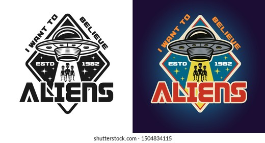 Invaders attack vector emblem, badge, label, logo or t-shirt print in two styles monochrome and colored
