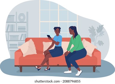 Invasión de la privacidad de los adolescentes 2D vector ilustración aislada. Curiosa madre e irritada hija con personajes planos de smartphones sobre fondo de dibujos animados. Escena colorida de la crianza extrema