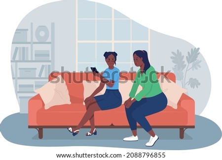 Invading teenager privacy 2D vector isolated illustration. Curious mother and irritated daughter with smartphone flat characters on cartoon background. Extreme parenting colourful scene