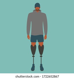 ungültiger Athleten Cartoon mit zwei Prothesen oder cooler attraktiver Behinderter mit künstlicher Prothesen Ständer und Aussehung. selbstbewusstes Vektorgrafik-Flachdesign einzeln 