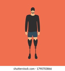 invalid athlete cartoon with two prosthetic legs or cool attractive handicapped man with artificial prosthesis stands & looking front. fit guy self-confident vector illustration flat design isolated