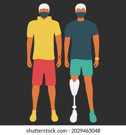 invalid athlete stands with prosthetic or artificial prosthesis leg vector art. attractive handicapped man. coronavirus cartoon. fit guy illustration flat design people with corona fase mask graphic