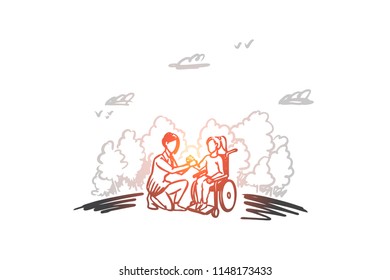 Invalid, disabled, help, medicine, hospital concept. Hand drawn woman on wheelchair with social worker concept sketch. Isolated vector illustration.