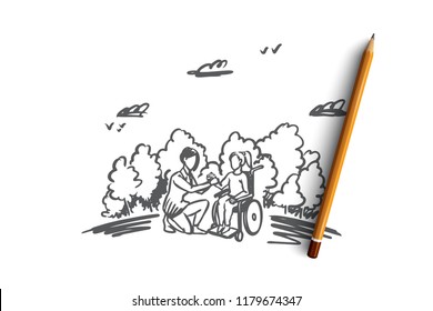 Invalid, disabled, help, medicine, hospital concept. Hand drawn woman on wheelchair with social worker concept sketch. Isolated vector illustration.