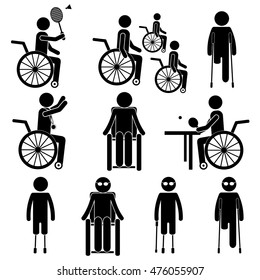Invalid / Handicapped / Insured / Disabled Man / Person Active Healthy Life. Stick Figure Vector Pictogram Icon
