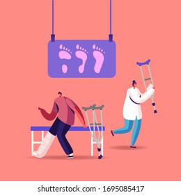 Invalid Handicapped Man Character with Leg Fracture Stand on Crutches Visit Orthopedy or Podiatry Clinic or Hospital Communicate with Doctor Orthopedist, Healthcare. Cartoon People Vector Illustration
