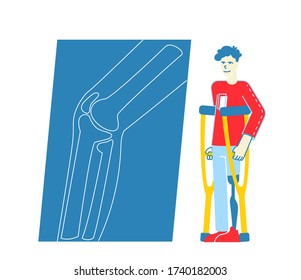 Invalid Handicapped Man Character Stand on Crutches with Leg Prosthesis Visiting Orthopedy Clinic or Hospital. Healthcare Disability, Medicine, Therapy Doctor Appointment. Linear Vector Illustration