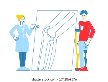 Ungültige Behindertenfigur, die auf Krücken steht, mit Prothese über die Orthopädie-Klinik bzw. das Krankenhaus kommuniziert mit Ärztin Orthopädie, Gesundheitswesen. Linear People Vector Illustration