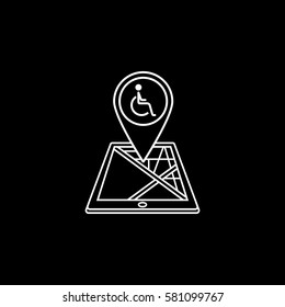 Invalid map pointer line icon, mobile gps navigation and location, disability pin on tablet vector graphics, a linear pattern on a black background, eps 10.