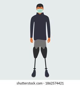 invalid patient or amputated man isolated is standing with two prosthetic leg or handicapped person wearing medical face mask. corona virus illustration cartoon. artificial prosthesis foot vector art