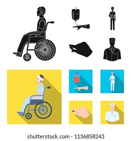 Invalid with trauma, blood transfusion, doctor, medication in the hands of a doctor. Medicineset collection icons in black, flat style vector symbol stock illustration web.