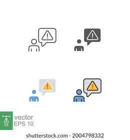 Invalid user profile. Important Caution notice of personal fake account. Internet person id and fraud risk data alert . User, warning icon. Vector illustration. Design on white background. EPS10